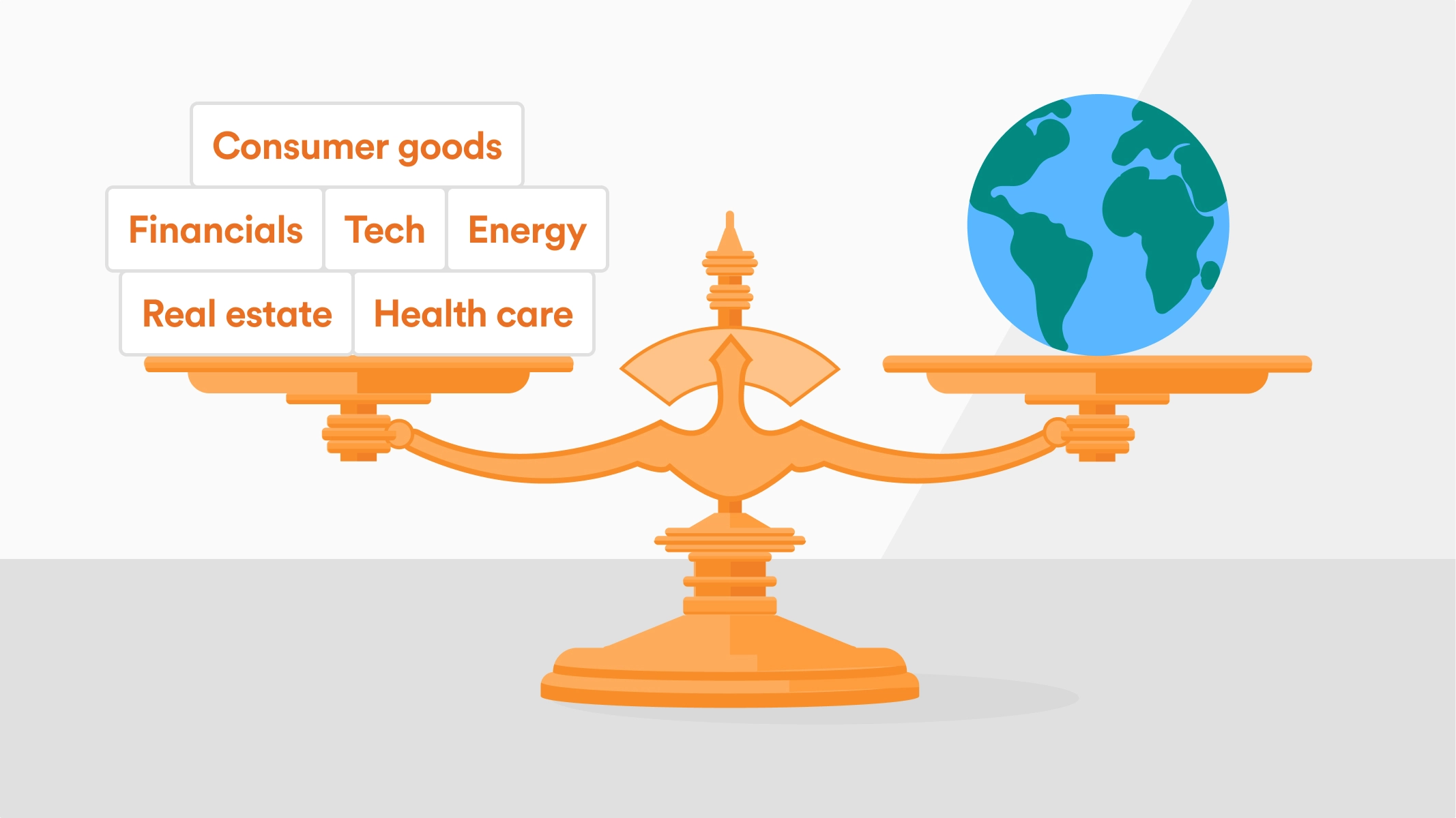 Illustration of a balanced scale with a globe on one side and six boxes on the other side, representing consumer goods, financials, tech, energy, real estate and health care.