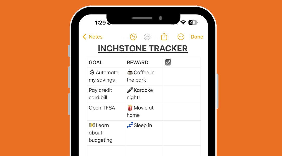 illustration of a phone with a simple text-based inchstone tracker on it, organized into Goals and Rewards.