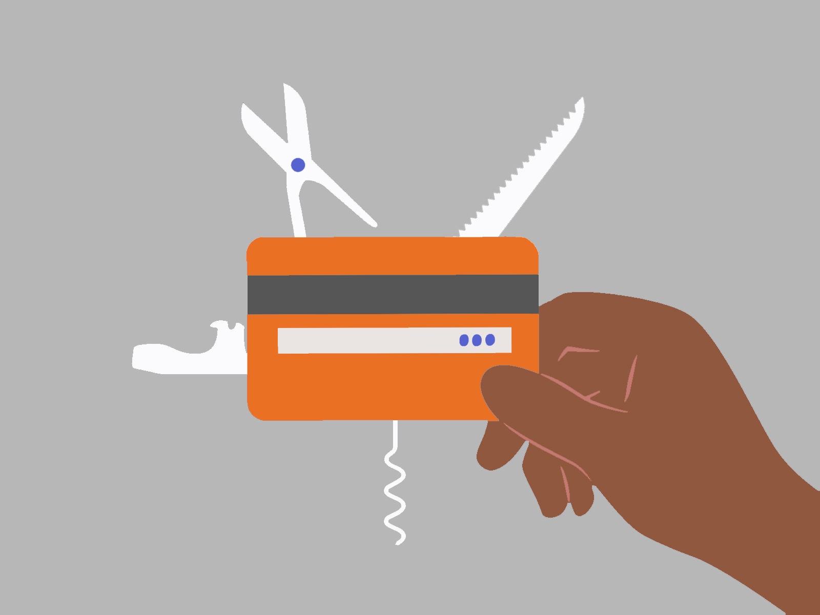 Illustration of a hand holding an orange credit card with various tools coming out of it, including a scissors, bottle opener, screwdriver and saw.