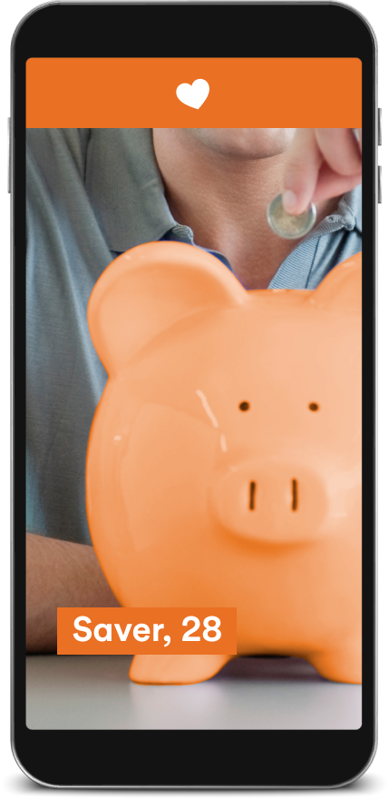 phone showing a mock dating site with a piggy bank and the words “Saver, 28”