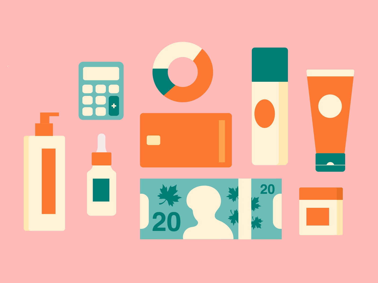Illustration de plusieurs produits de soins personnels (savons et lotions) ainsi que d'éléments financiers, notamment une carte de crédit et un billet de 20 $.