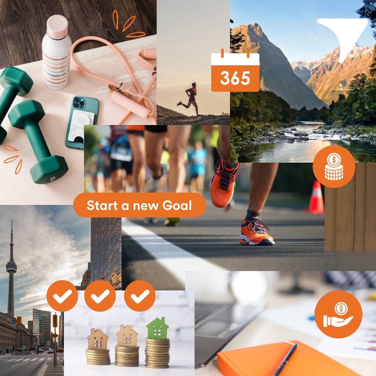 A vision board collage consisting of various aspirational images, including runners, mountain scenery, exercise equipment and cash.