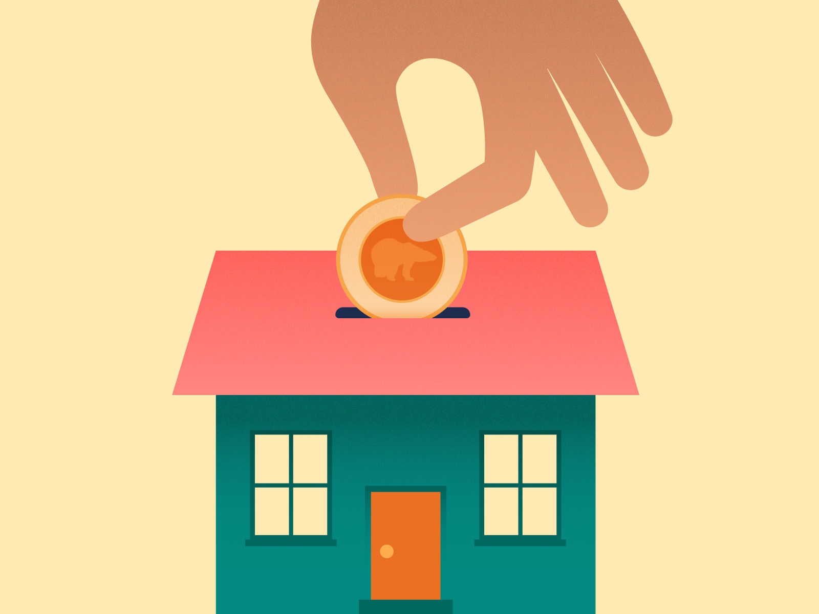 Illustration of a hand depositing a coin into a slot in the roof of a house, as though it's a piggy bank.