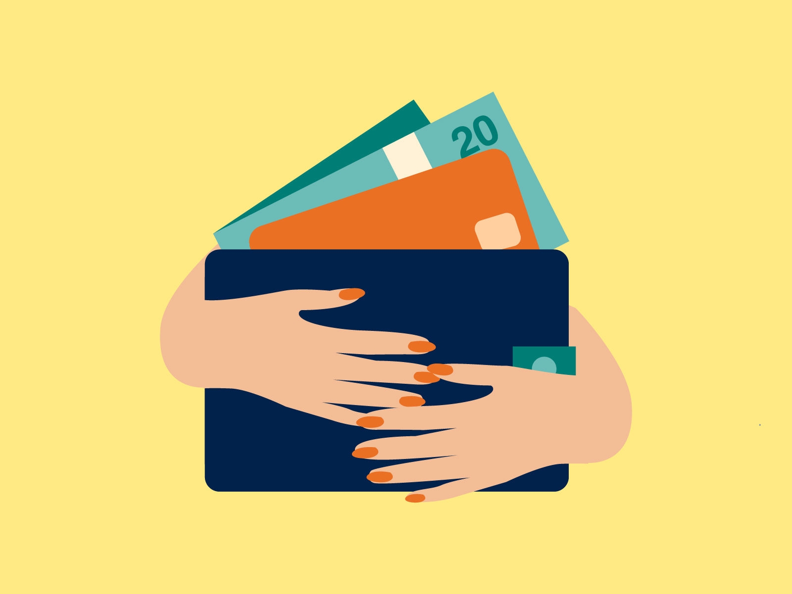 Illustration de deux bras serrant un grand portefeuille, avec des factures et une carte de crédit qui dépassent.