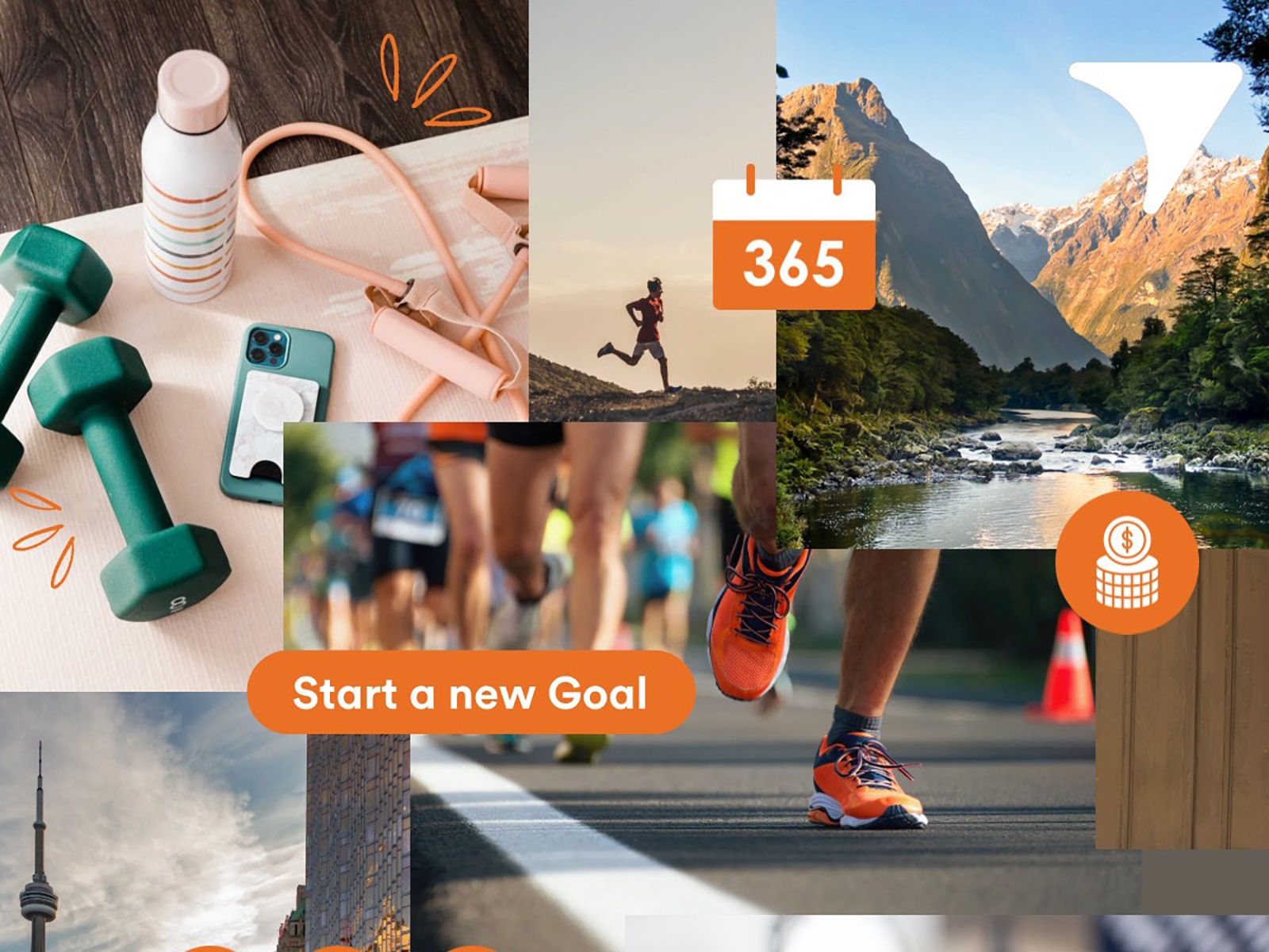 A vision board collage consisting of various aspirational images, including runners, mountain scenery and exercise equipment.