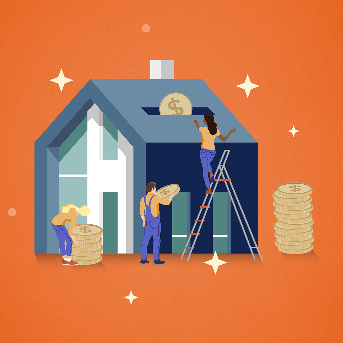 home building Illustration of three people next to a house feeding large coins into a slot in the roof.