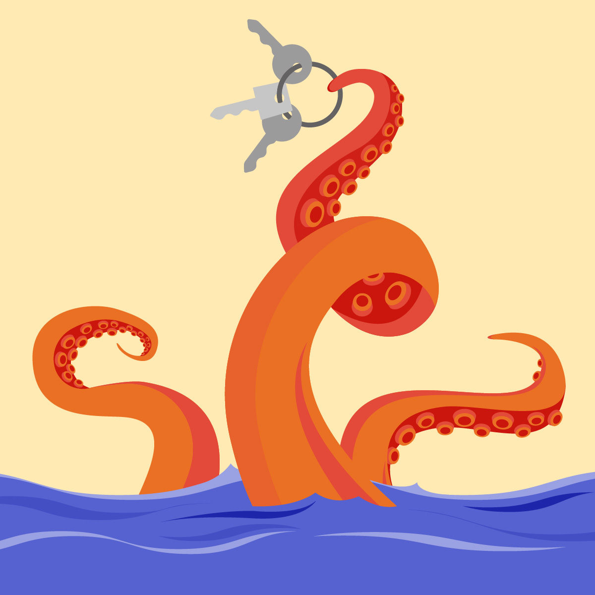 Money Myths keys 1x1 Illustration of the tentacles of a sea creature coming out of the water, one of them holding a set of house keys.