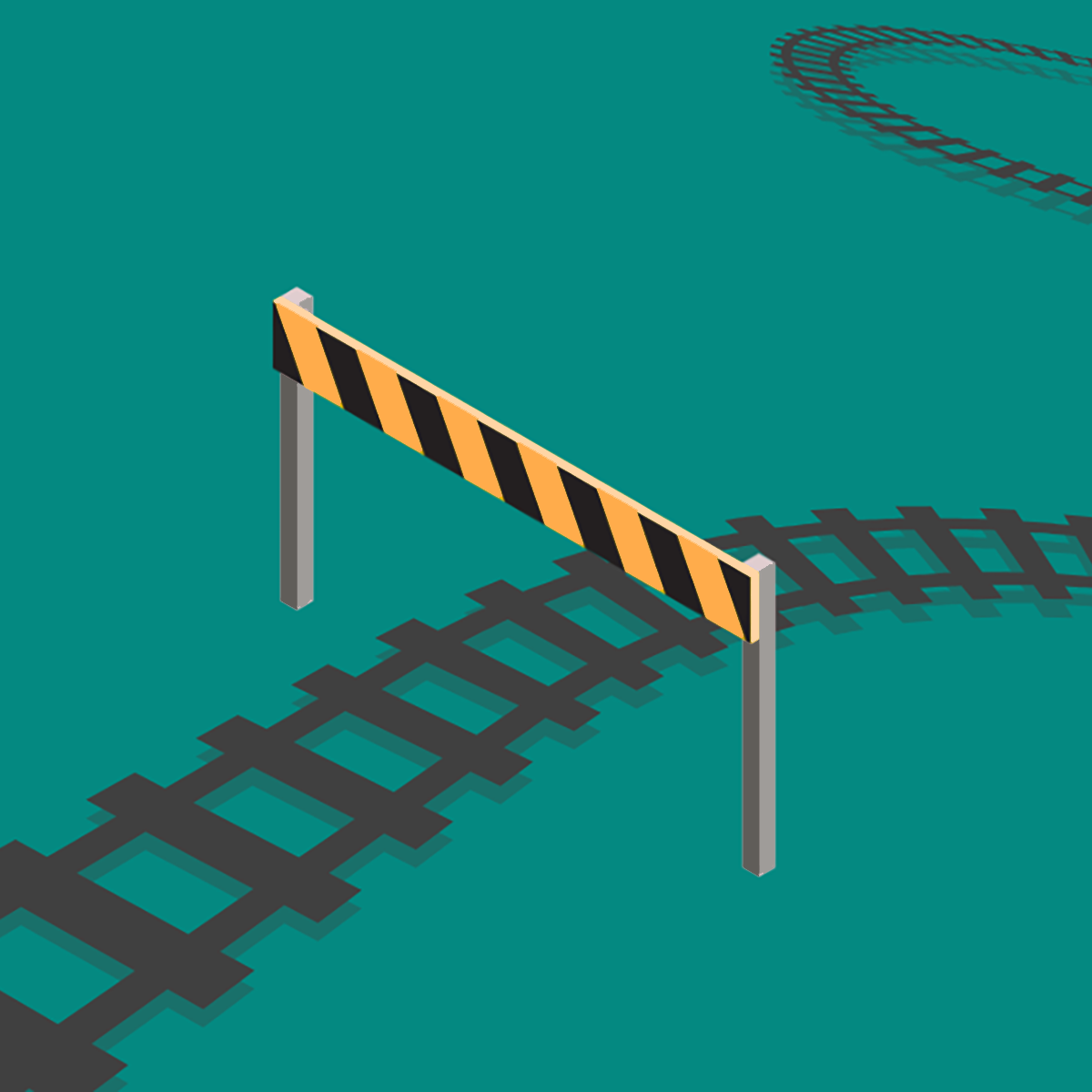 Illustration of a railroad track that is being blocked by a black and yellow barrier.