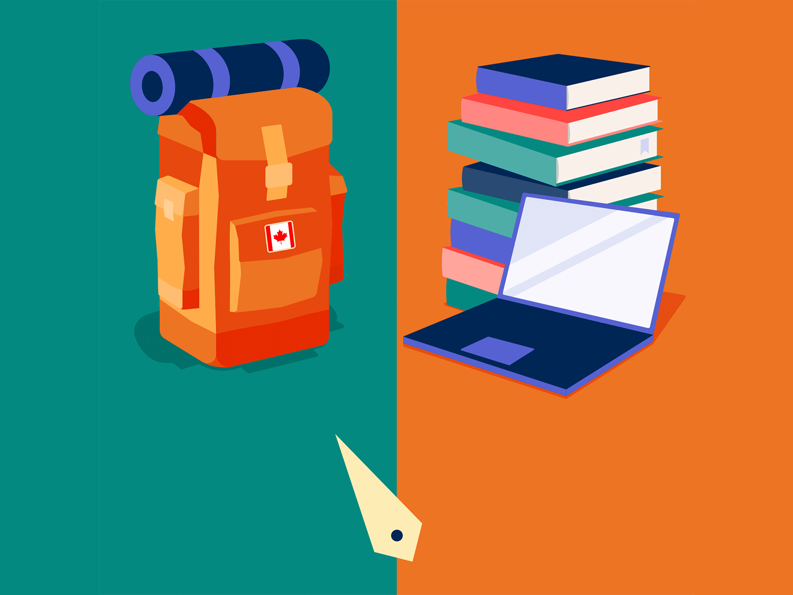 travel or work An illustration of a backpack on the left and a laptop on the right, with a pointer on the bottom swivelling between the two.