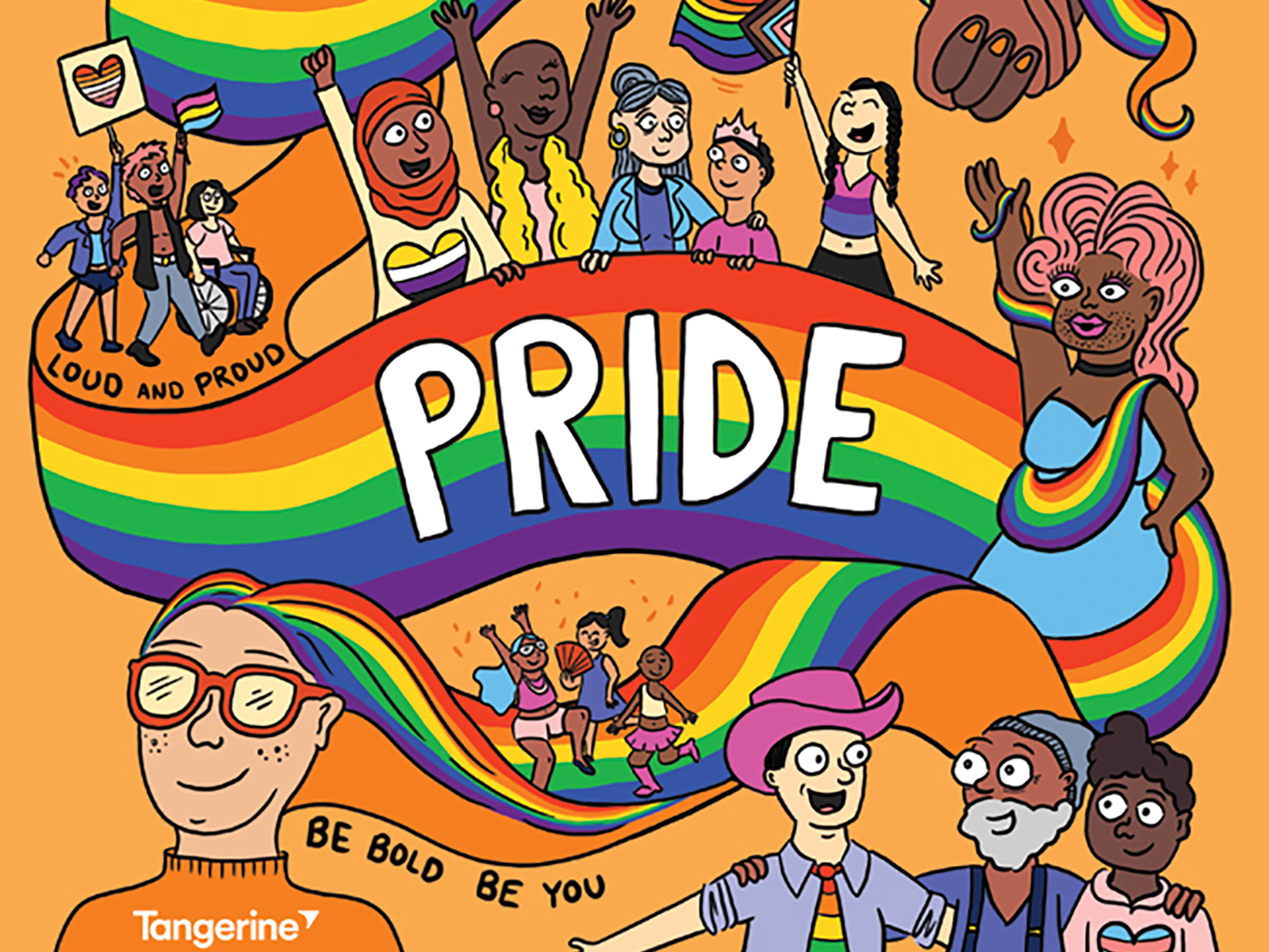 A joyful Pride-themed illustration designed for Tangerine by Toronto-based artist Mirka Loiselle.