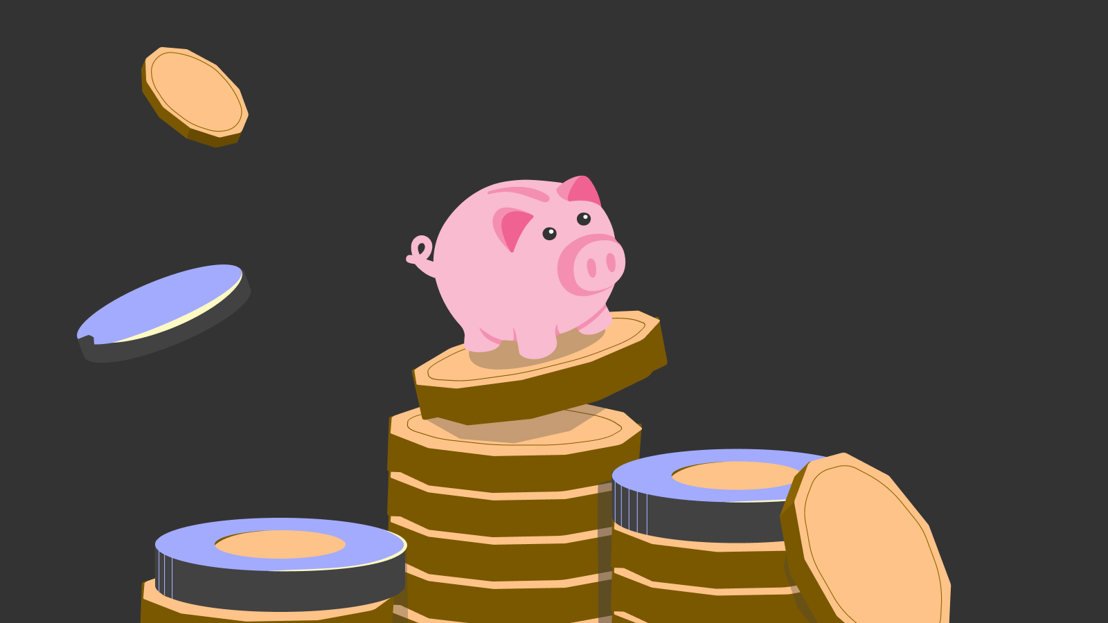 Illustration of three stacks of coins with a piggy bank sitting on a coin in the middle.