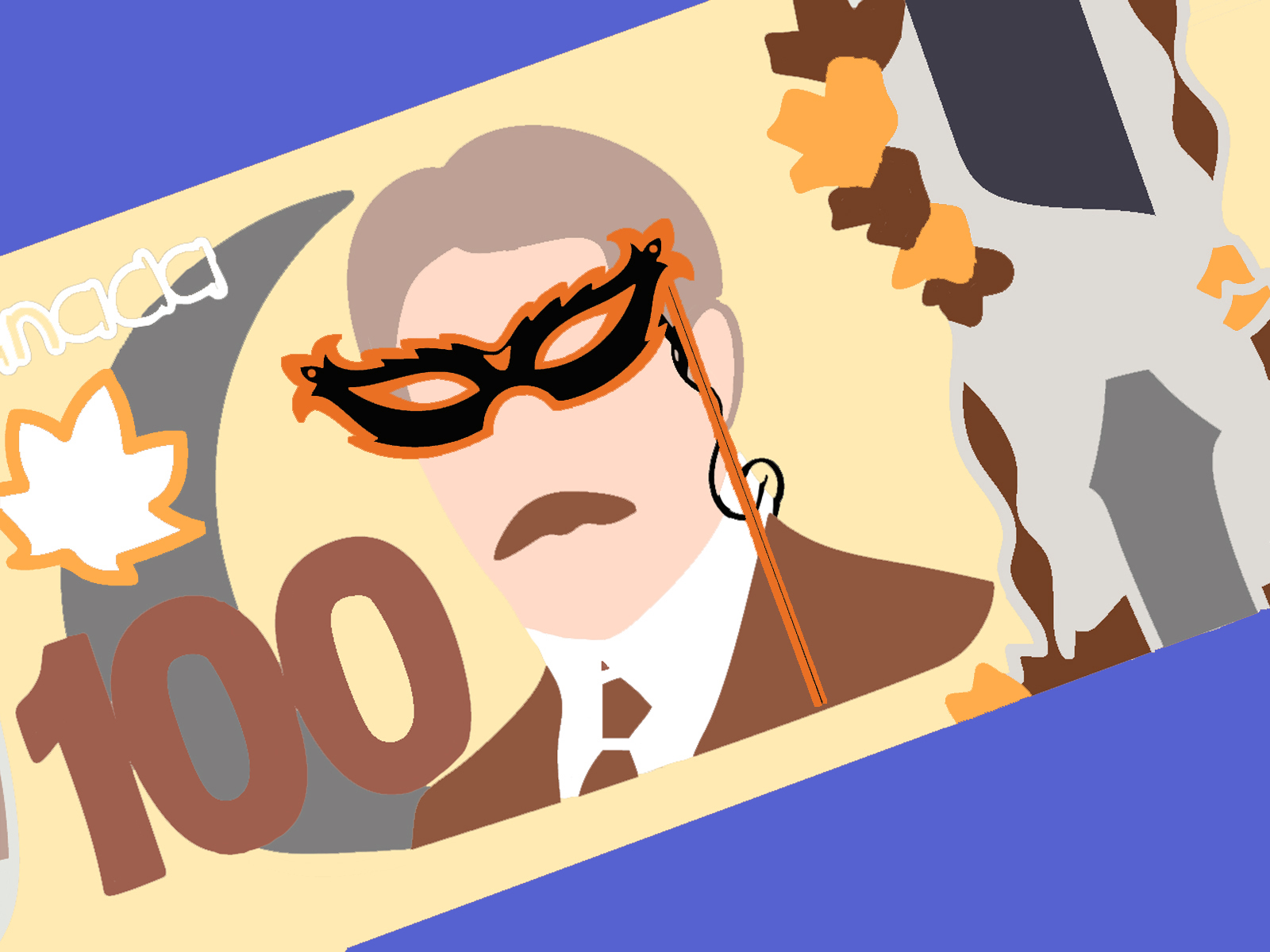 Illustration of a Canadian 100 dollar bill wearing a masquerade-style mask.