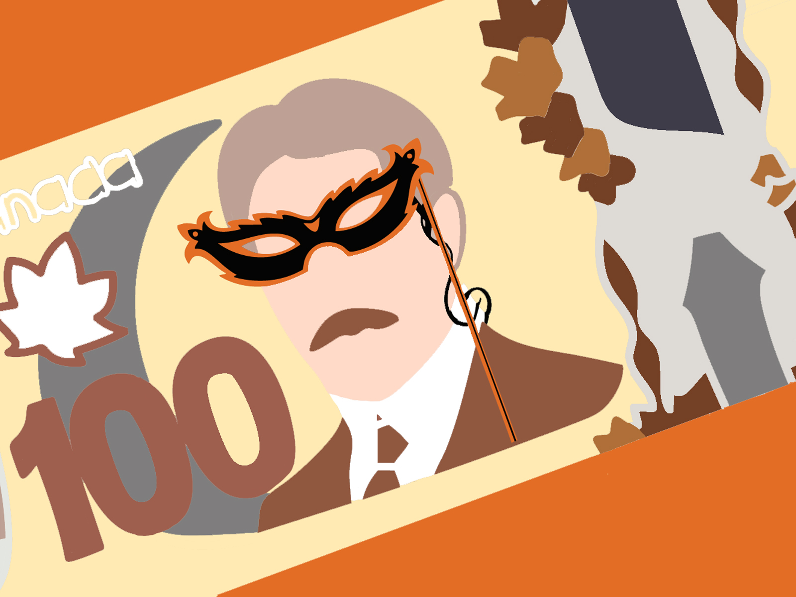 Illustration of a Canadian 100 dollar bill wearing a masquerade-style mask.