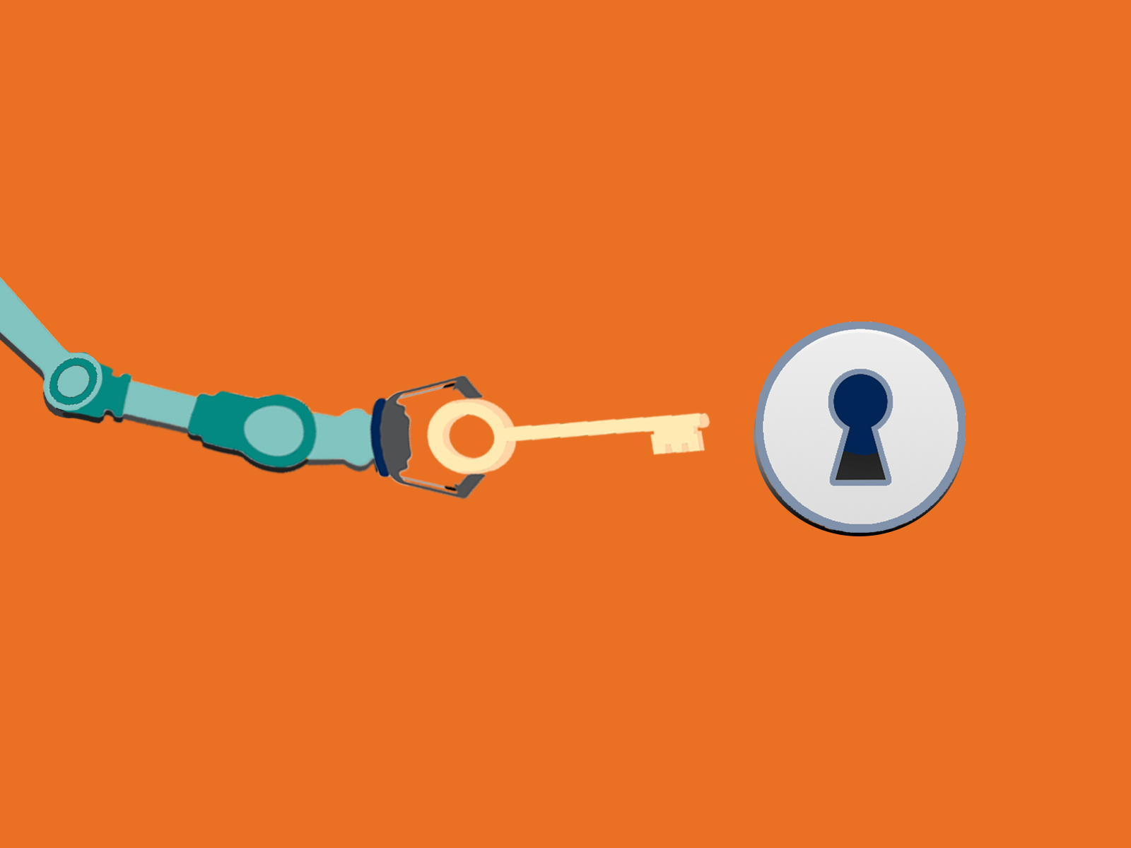 Illustration of a keyhole next to a robotic hand holding a key.