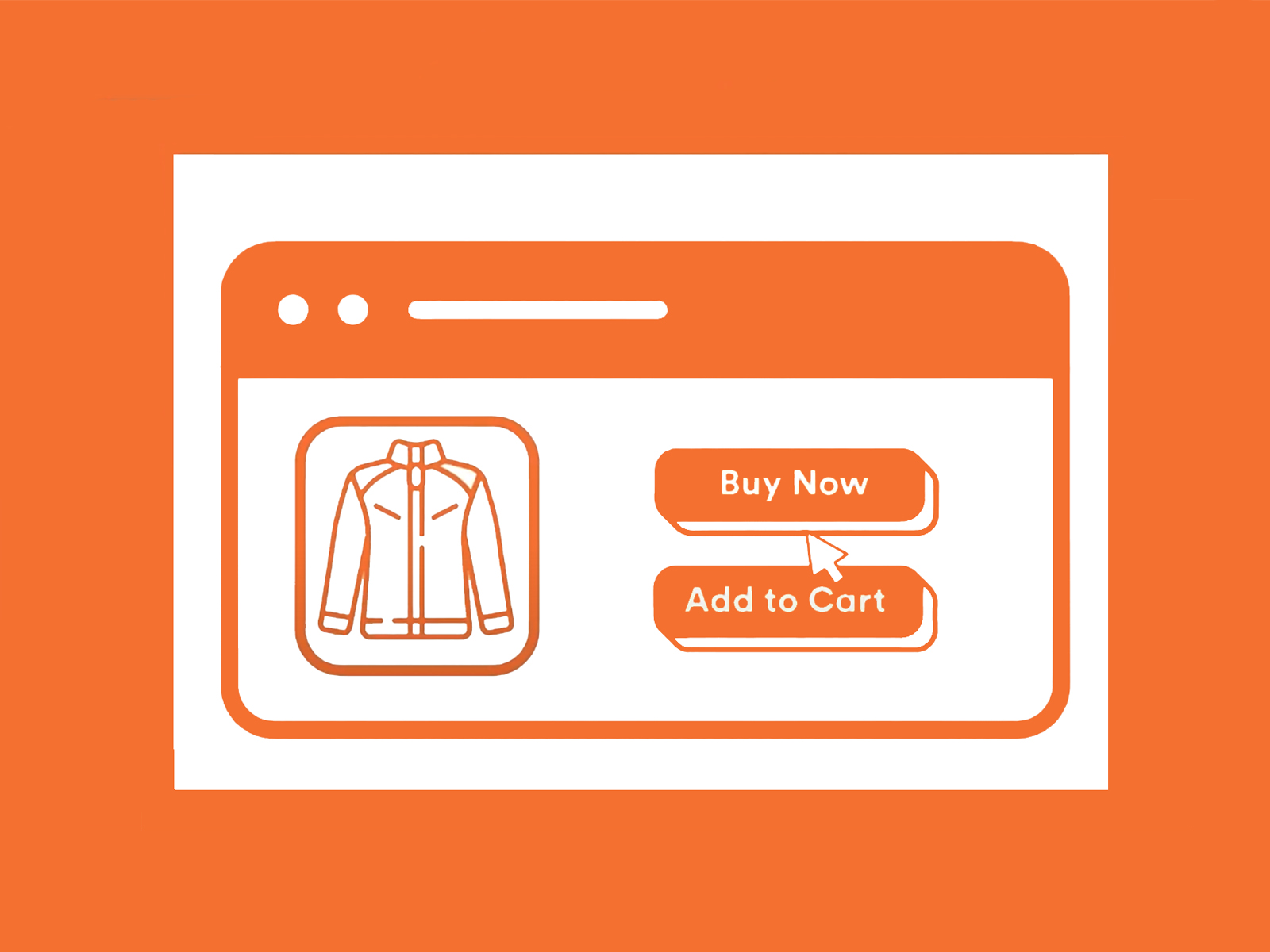 Illustration of a screen from an online shopping site showing a jacket next to a button that says "buy now" and another that says "add to cart".