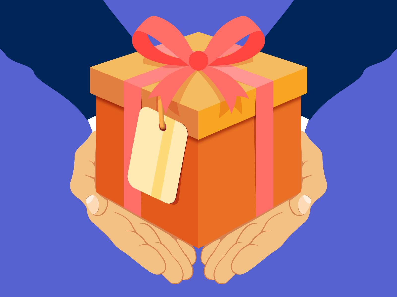 cash back Illustration of hands holding a present wrapped with a credit card dangling from the ribbon.
