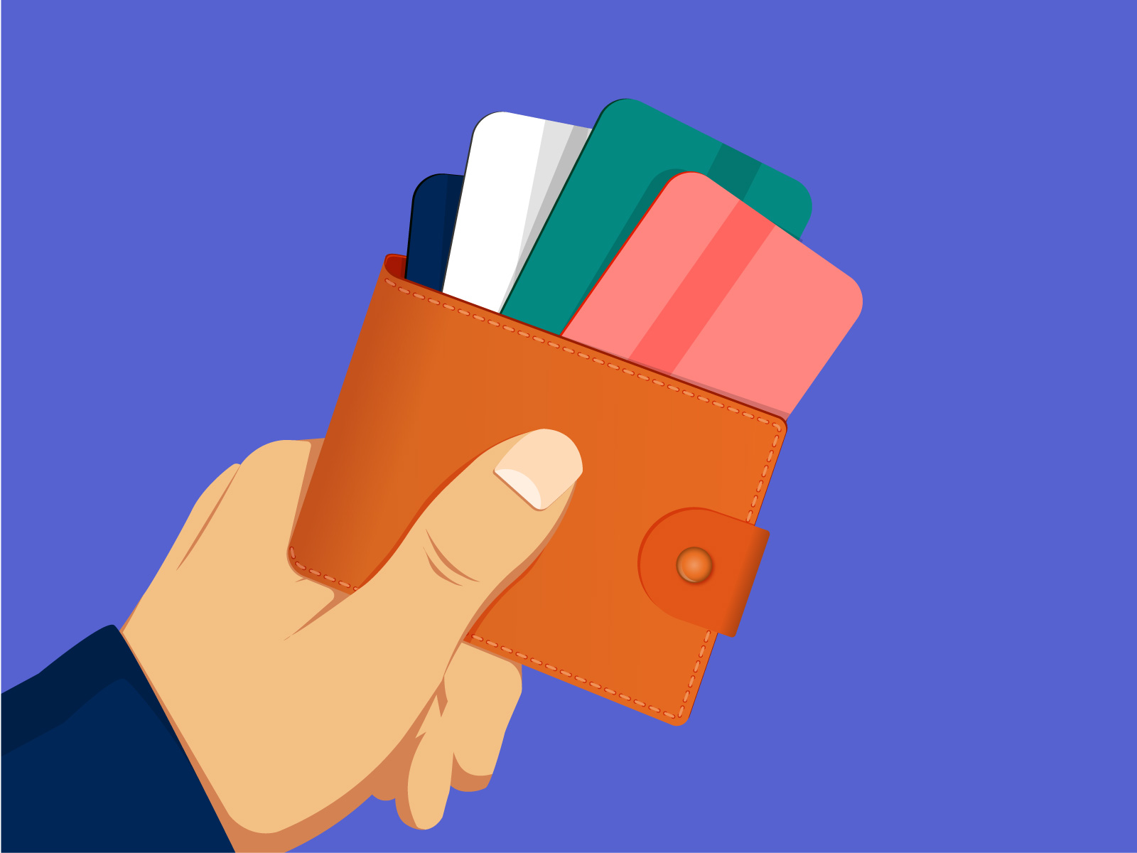 multiple cards - wide Illustration of a hand holding a wallet with a few cards spilling out.