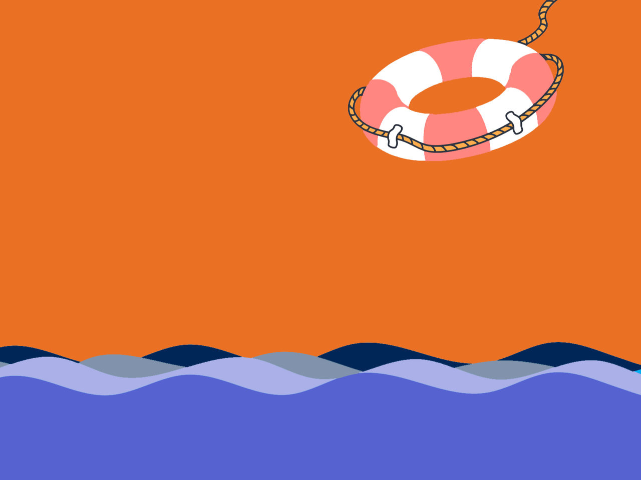 Illustration of a life buoy on a rope over water.