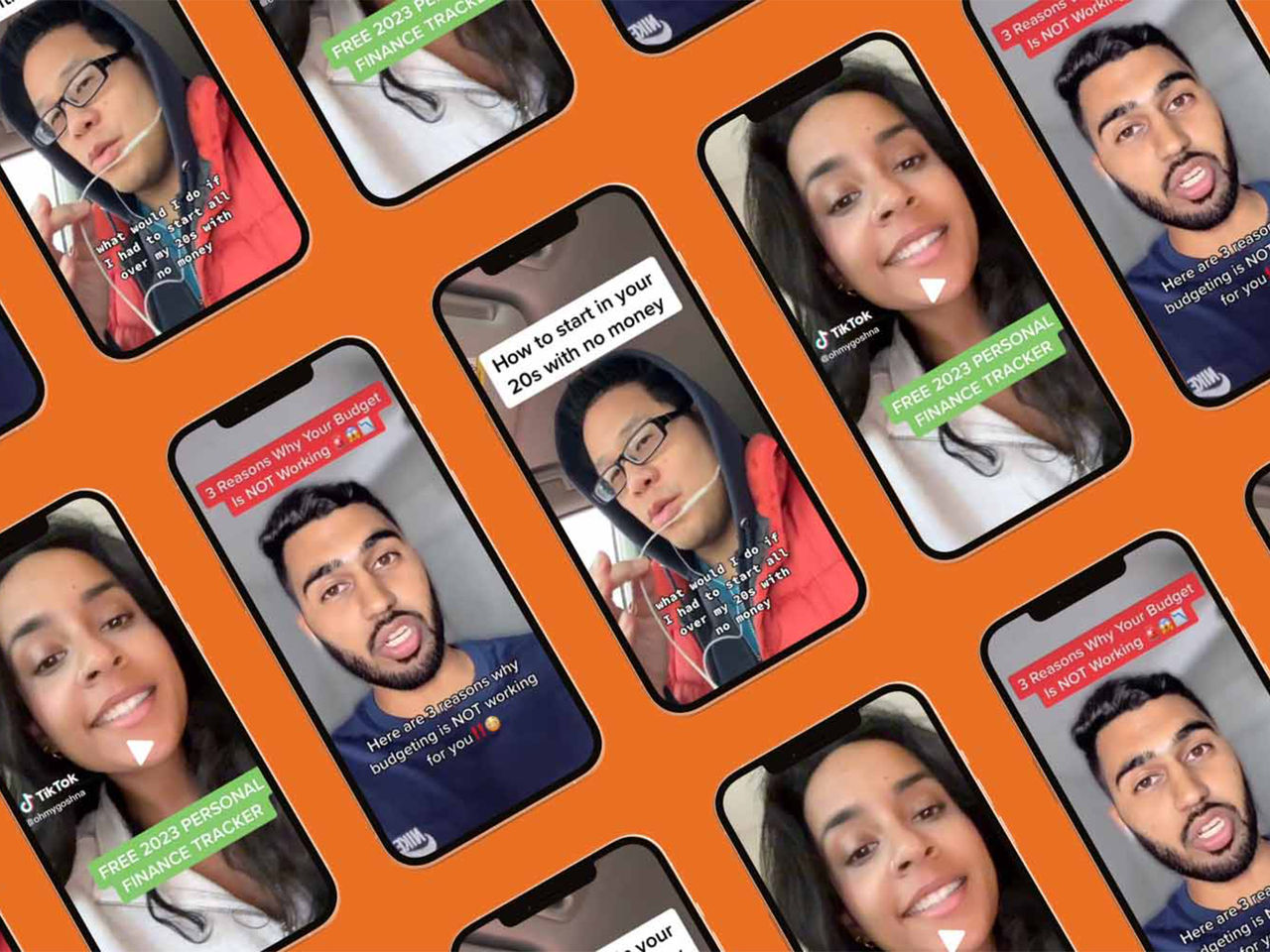 Multiple smartphones showing different screen captures of content created by three social media influencers.