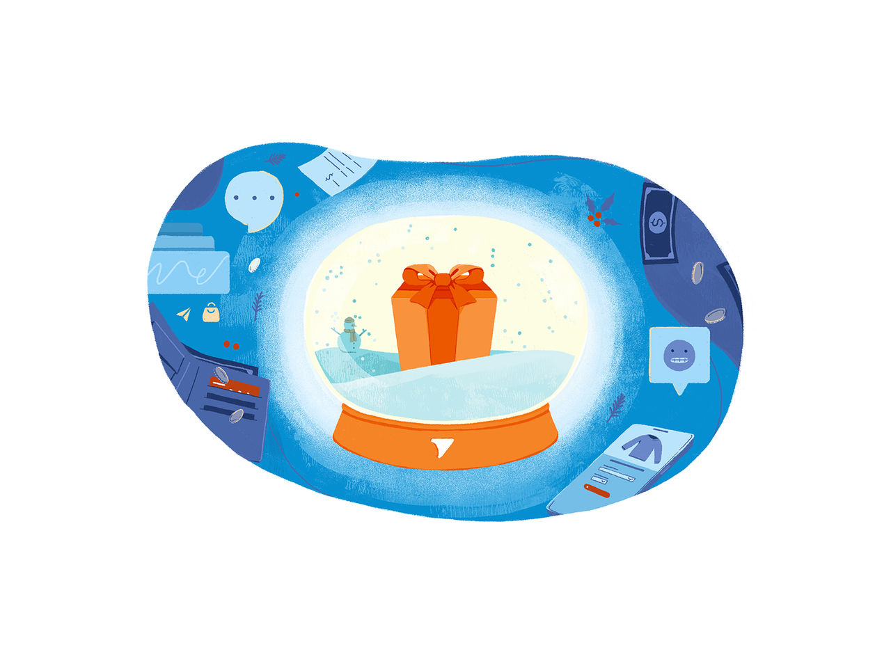 An illustrated orange gift, inside a Tangerine branded snow globe surrounded by a wallet, money, and receipts.