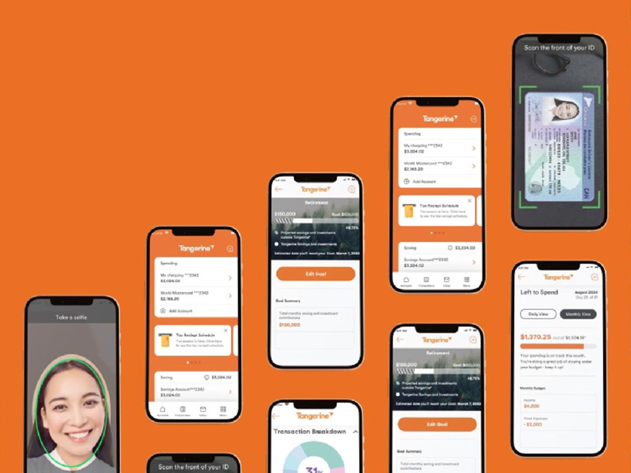 Multiple smartphones showing different features of the Tangerine banking app such as mobile cheque deposit and biometrics.